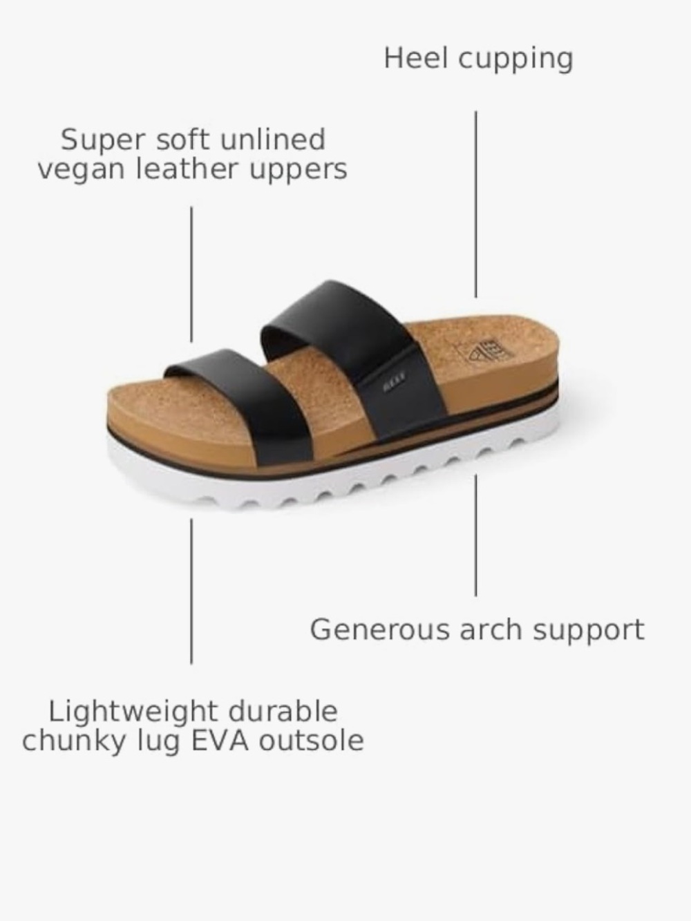 Reef Women’s Black Dual-Strap Cork Slide Sandals with White Outsole,cushion soul - Picture 5 of 11